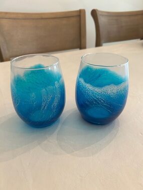 Handblown Blue Ocean Stemless Wine Glasses - Set of 2